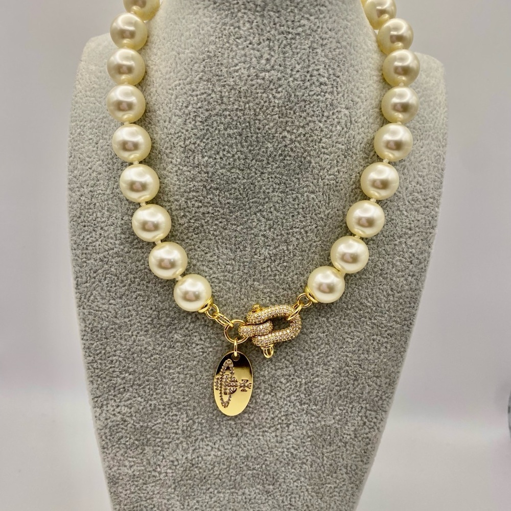 Vivienne Westwood gold tone horseshoe encrusted w/ crystals and Pearl necklace